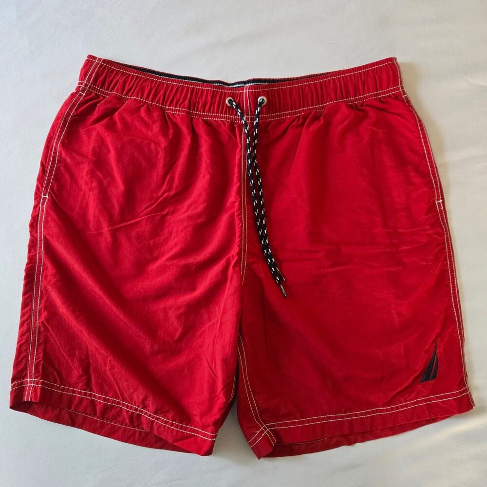 Nautica Swim Trunks Men L Red 7” Inseam Quick Dry Beach Shorts Mesh Lined Solid